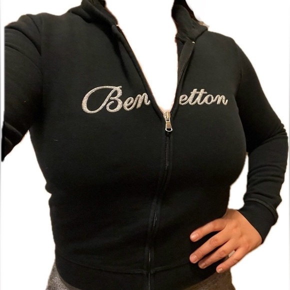 Benetton Black Hoody Sweatshirt Jacket Silver Sparkle Logo XS Italy Kawaii UCB - Picture 2 of 12